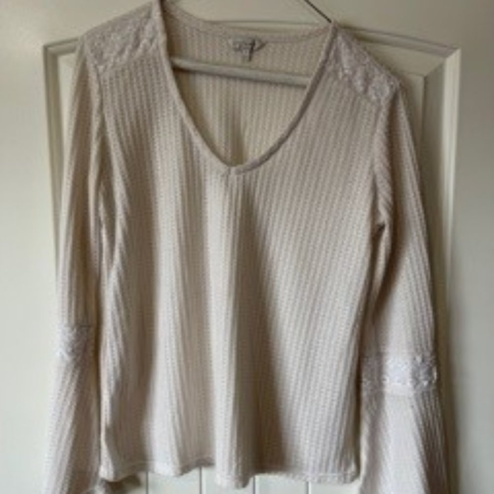 Lucky Brand Waffle Knit Beige Top with Embroidered Detail Bell Sleeve- Small